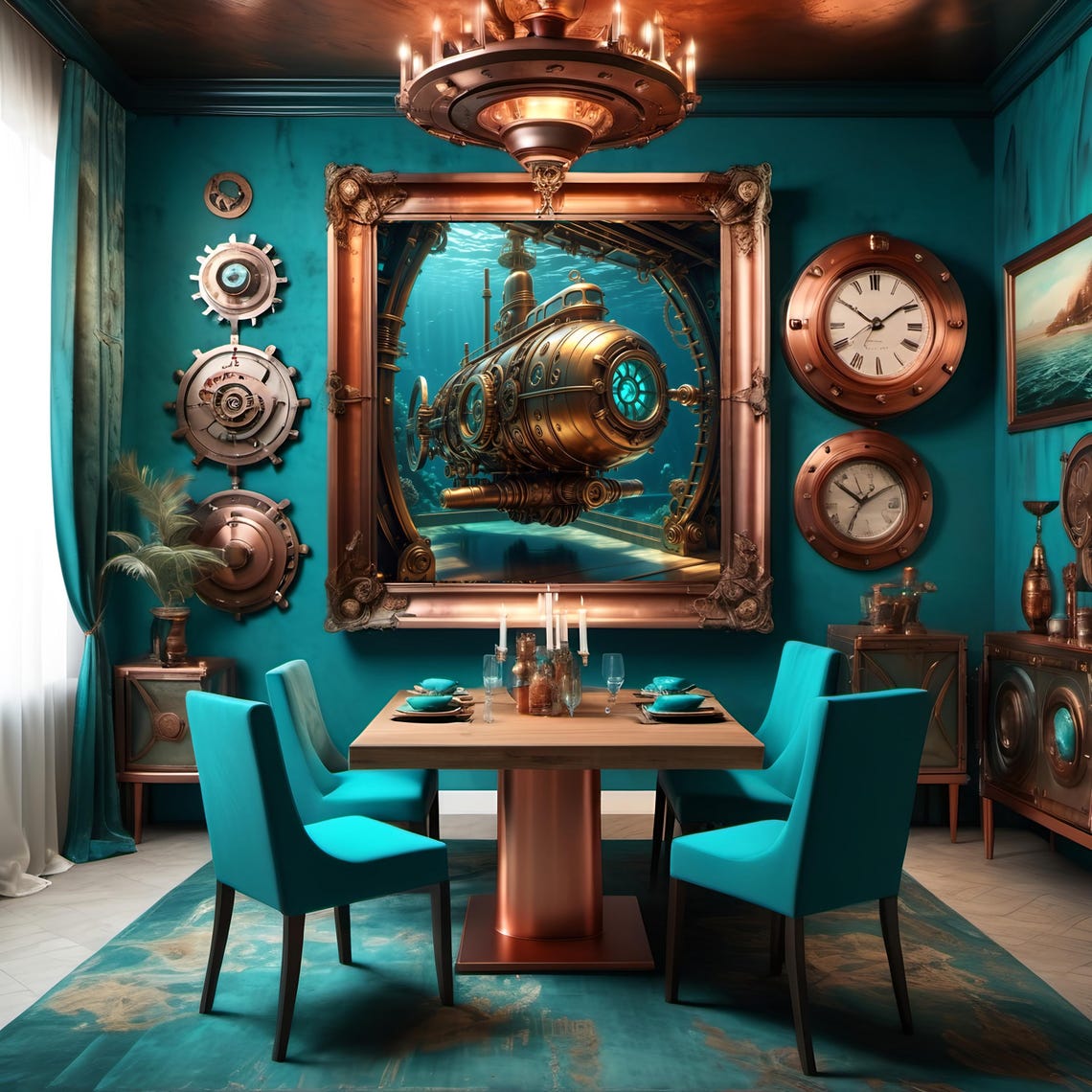 Bronze Steampunk Submarine with Glowing Portholes Underwater Poster - Image 3