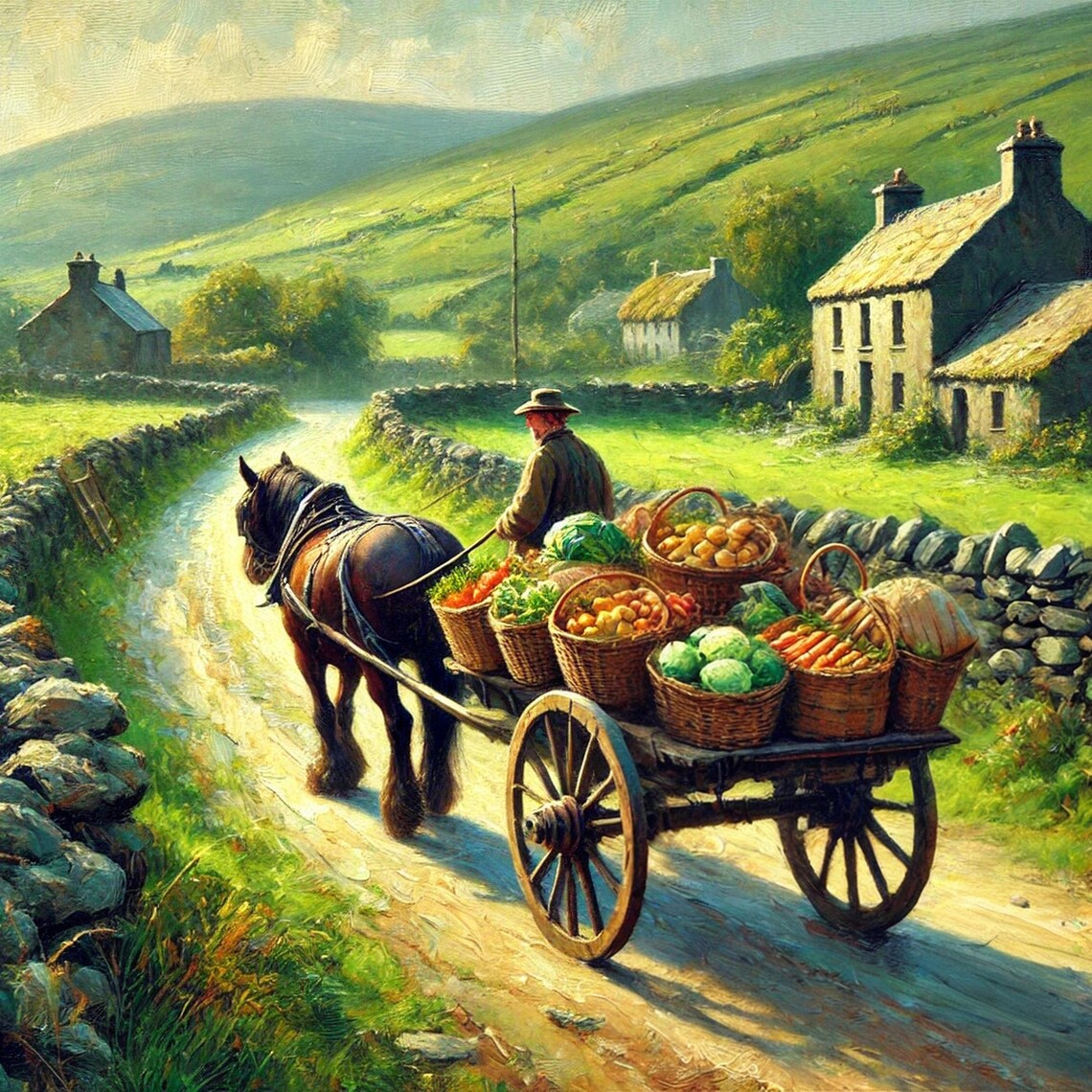 Irish Horse Cart Vegetable Baskets Green Hills Country Road Poster