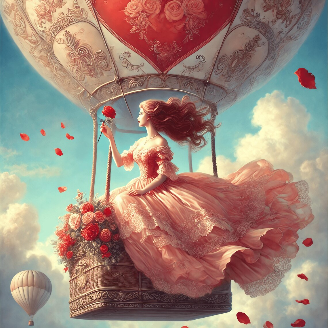 Romantic Rose Hot Air Balloon Lady In The Clouds Valentine Poster