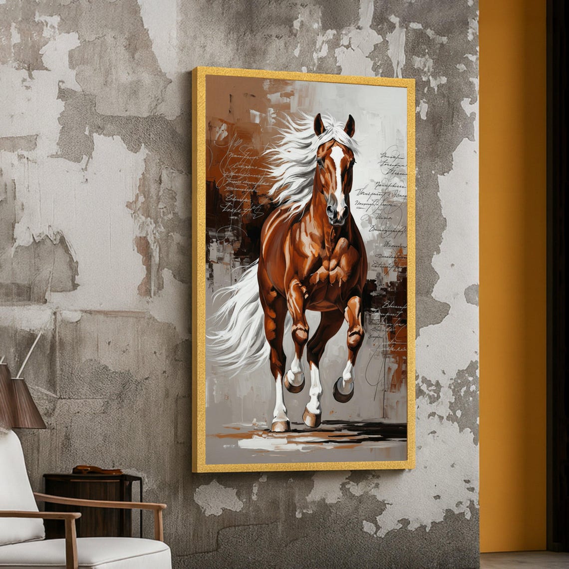 Chestnut Horse White Mane Galloping Script Background Art Poster