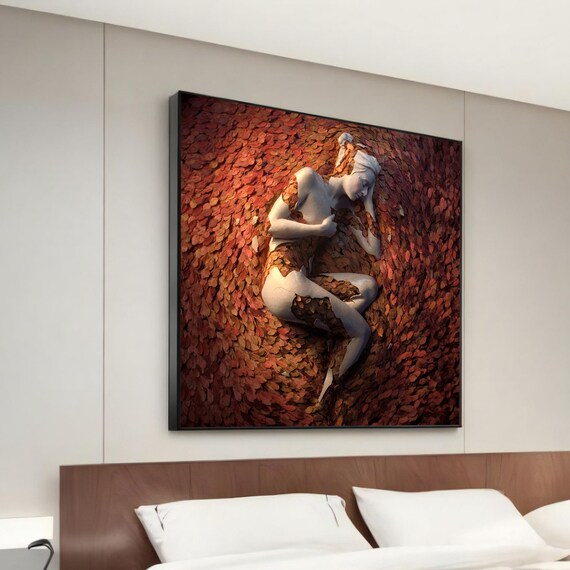 Serenity In Autumn Embrace Modern Canvas Painting Of Woman Amidst Fall Leaves Unique Wall Art Gift