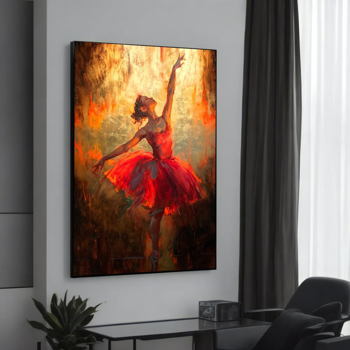 Radiant Ballerina in Red Tutu Golden Oil Painting Dance Poster