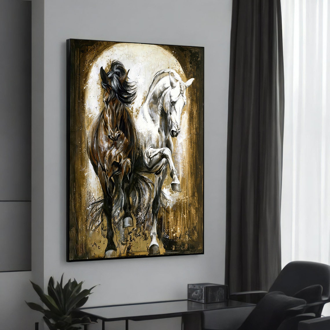Majestic Horses Black White Galloping Golden Moon Canvas Art Poster