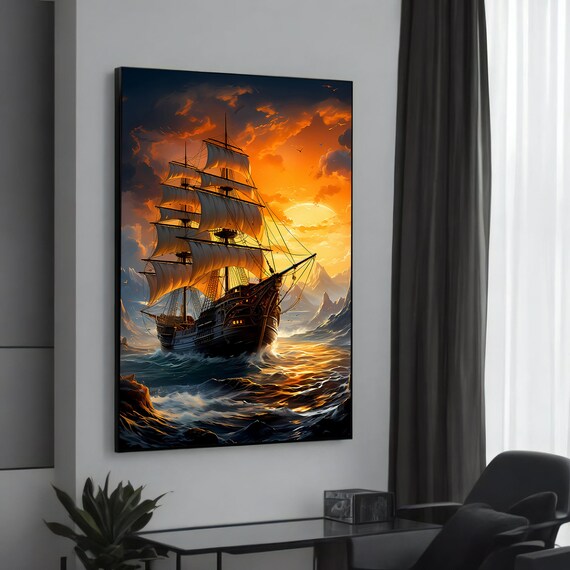 Tall Ship Fiery Sunset Ocean Voyage Dramatic Digital Art Poster