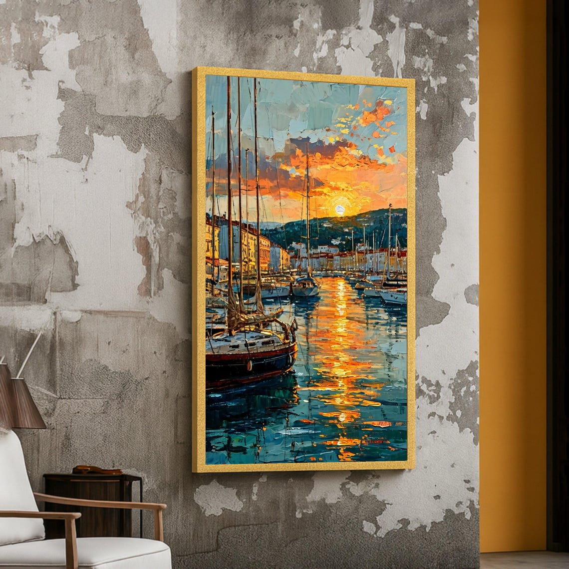 Sunset Harbor Sailboats Reflections Impressionist Oil Painting Print