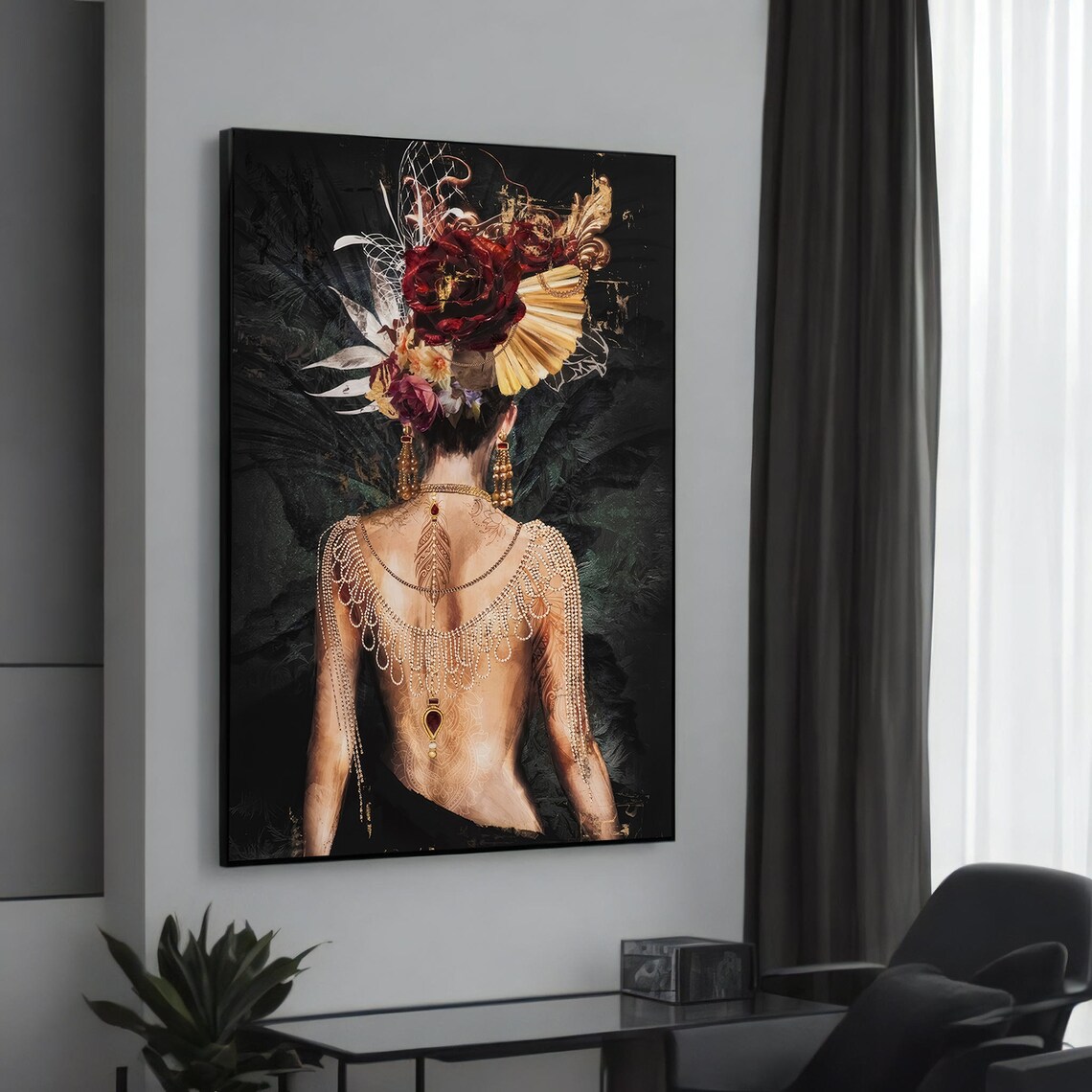 Back View Woman Ornate Floral Headdress Gold Jewelry Art Poster