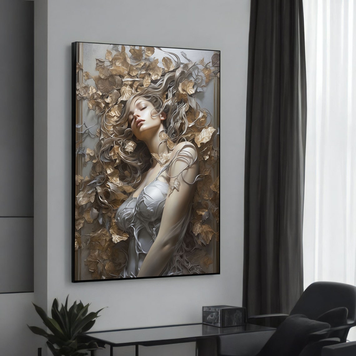 Serene Woman with Flowing Hair and Golden Leaves Modern Art Poster