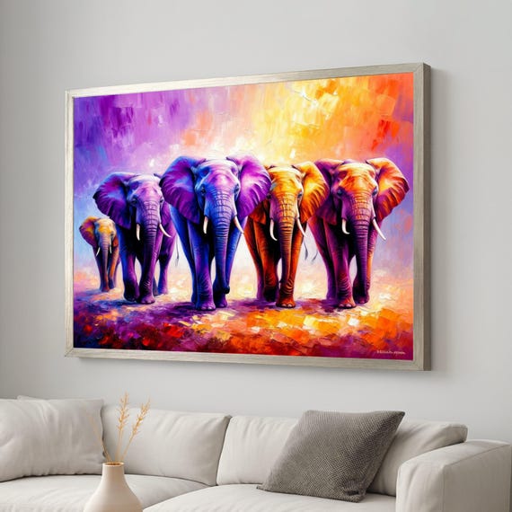Vibrant Elephant Family Canvas Wall Art Colorful Safari Animal Painting Modern Abstract Wildlife Living Room Decoration