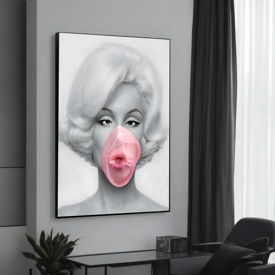 Blonde Bubblegum Bubble Black and White Retro Pop Portrait Poster