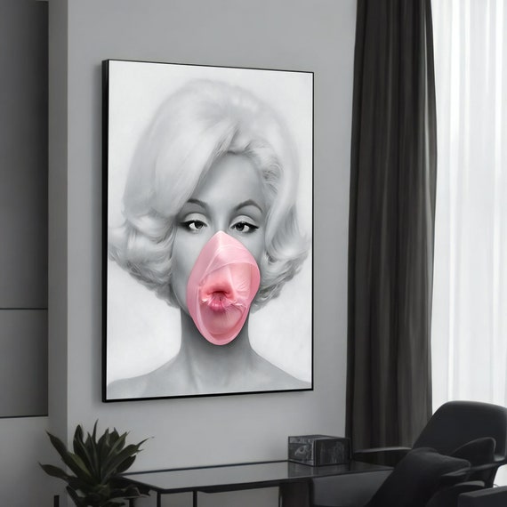 Playful Modern Canvas Painting Black And White Woman With Pink Bubble Gum Unique Wall Art Gift Contemporary Home Decor