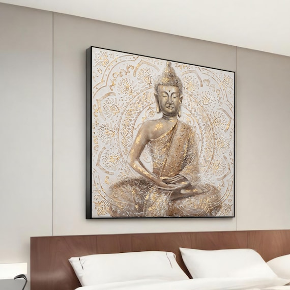 Golden Serenity Modern Canvas Painting Of Buddha In Meditative Pose With Ornate Background Unique Spiritual Wall Art Gift