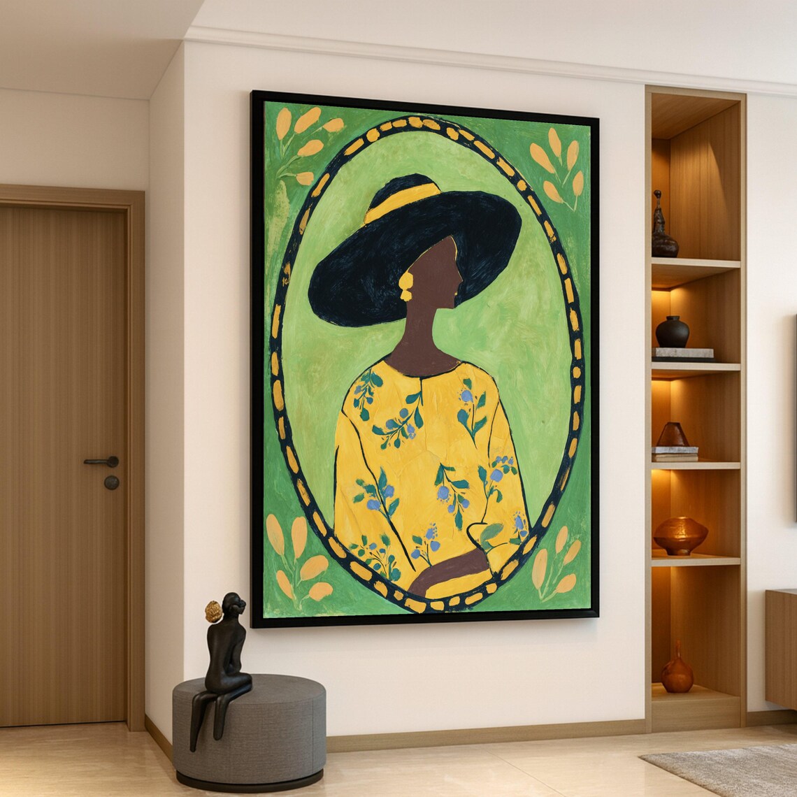 Elegant Woman In Wide Brim Hat Yellow Floral Dress Art Poster