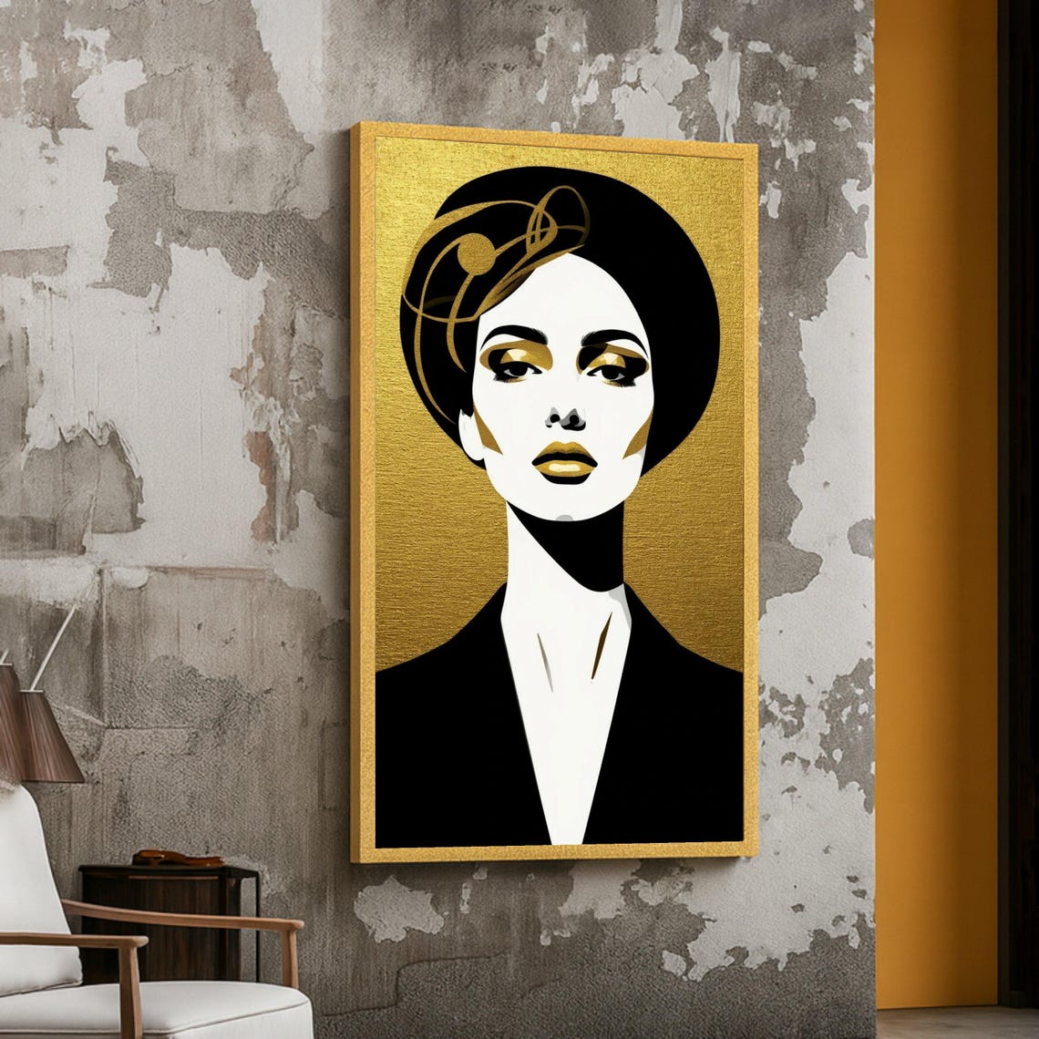 Black And Gold Woman Portrait Geometric Headpiece Pop Art Poster