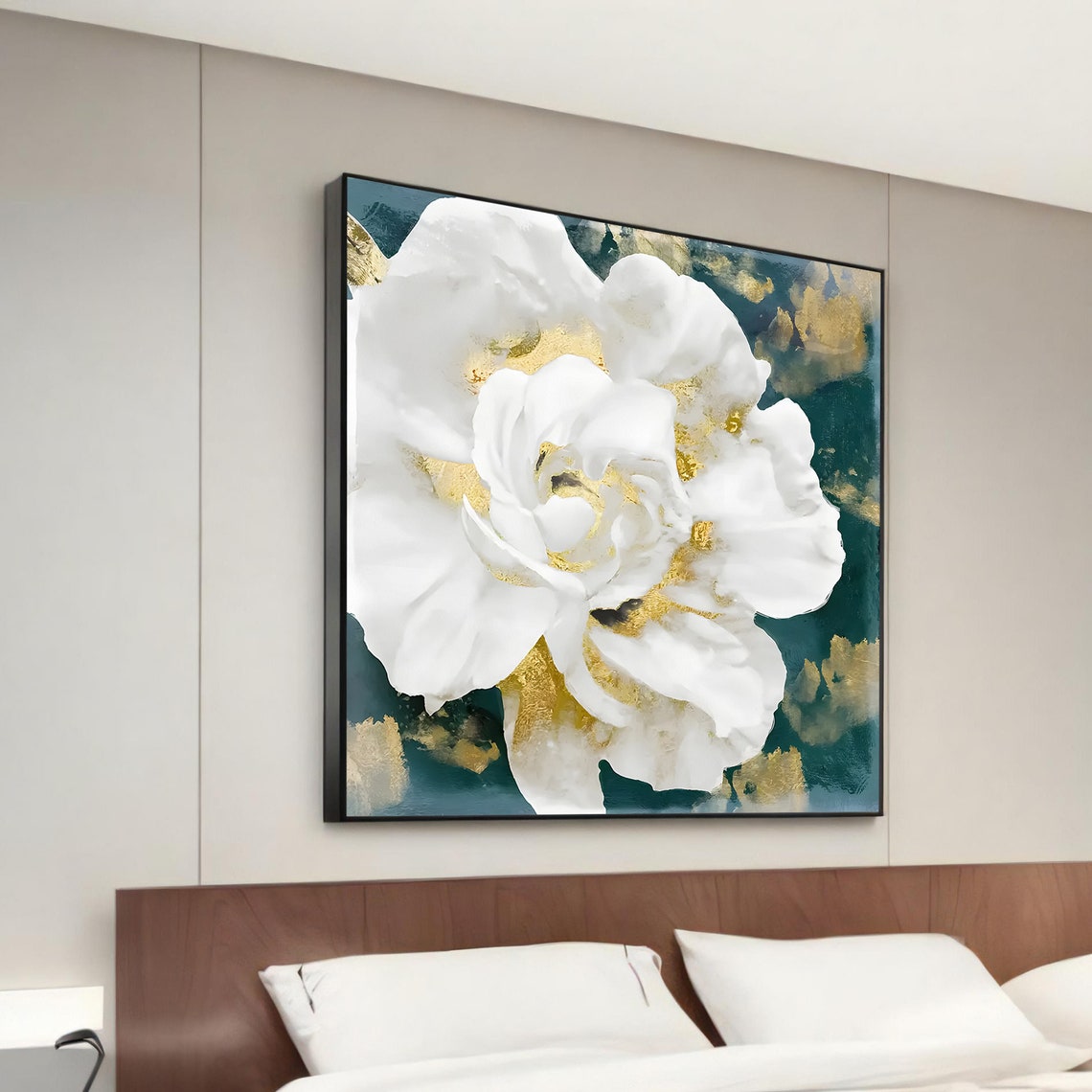 White and Gold Flower on Teal Modern Floral Abstract Wall Poster