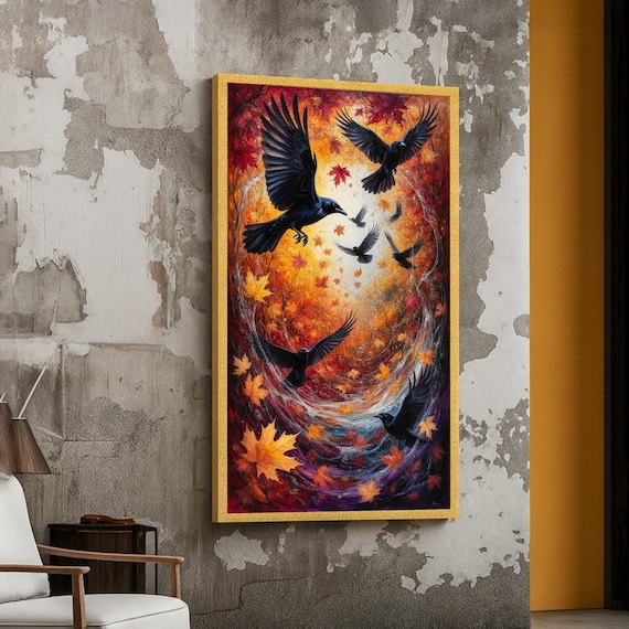 Autumn Crow Swirl Canvas Black Birds Wall Art Fall Leaves Nature Scene Vibrant Seasonal Ready To Hang Home Decoration