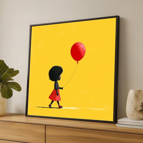 Little Girl With Red Balloon On Yellow Background Art Poster