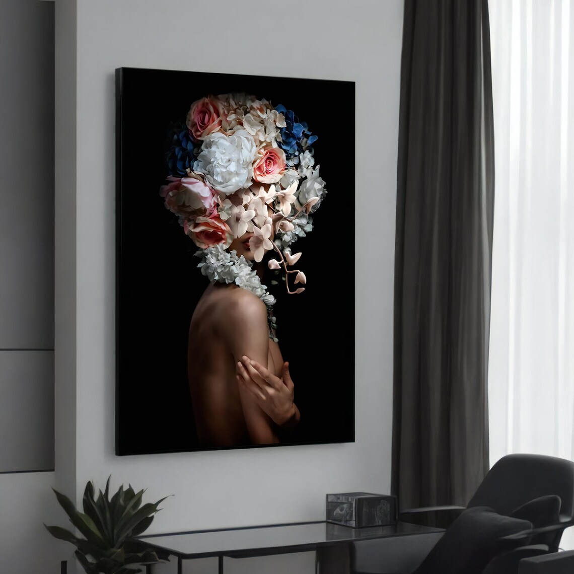 Elegant Floral Woman Portrait on Black Modern Botanical Art Poster