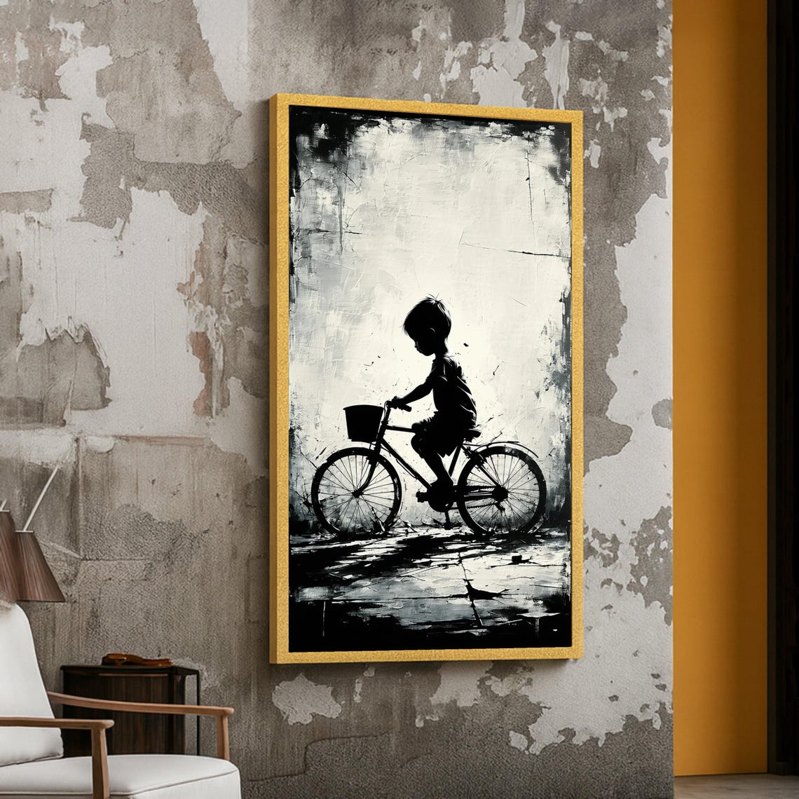 Silhouette Boy On Bicycle Black And White Abstract Canvas Poster