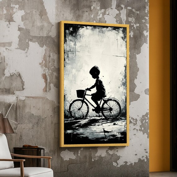Silhouette Boy On Bicycle Black And White Abstract Canvas Poster
