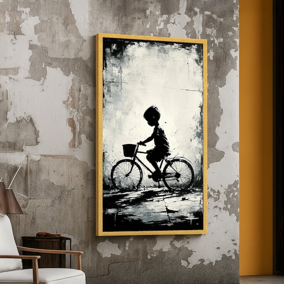 Silhouette Of Boy On Bicycle Canvas Black And White Wall Art Childhood Memory Decor Minimalist Painting Kids Room