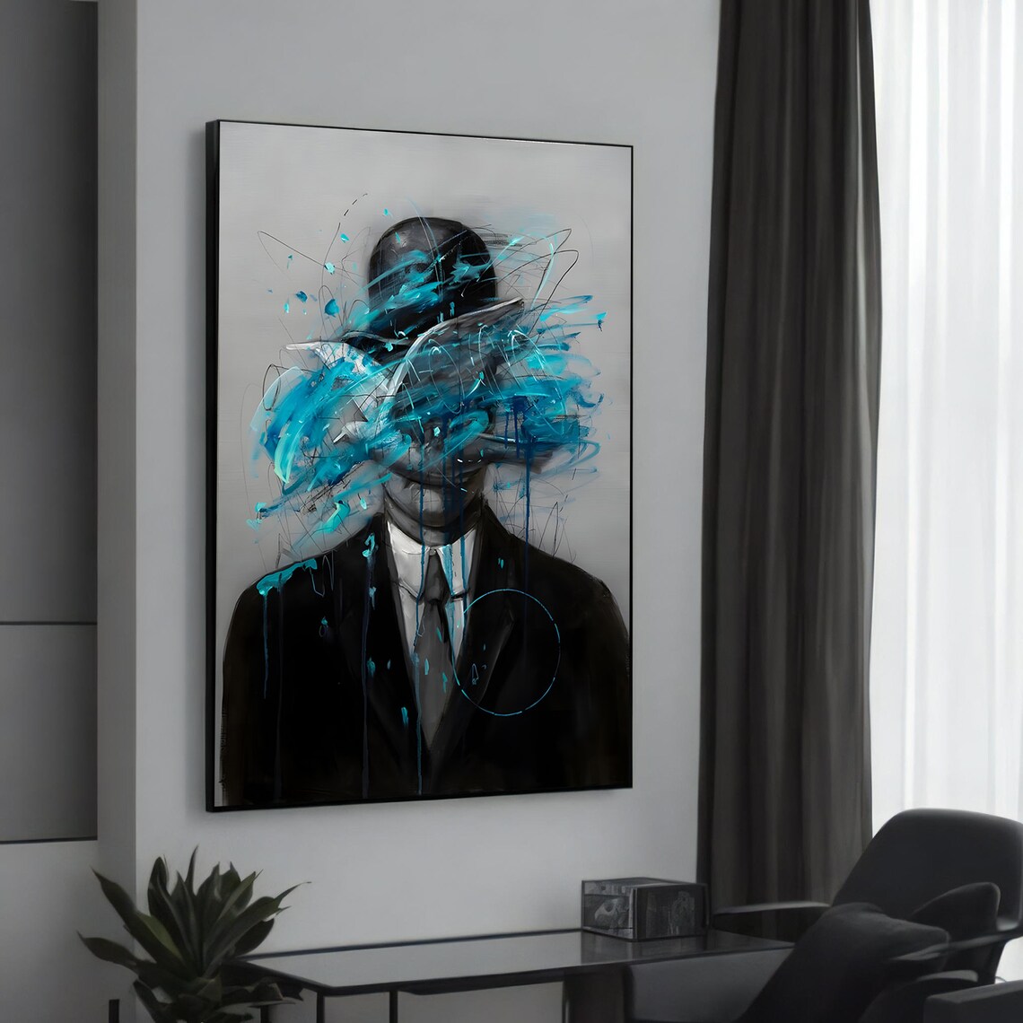 Abstract Man in Suit Blue Graffiti Splash Modern Urban Canvas Art Poster