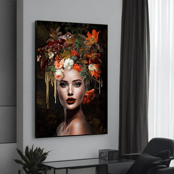 Stunning Woman With Vibrant Floral Headpiece Modern Canvas Painting Unique Abstract Wall Art For Contemporary Home Decor