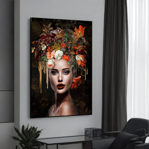 Woman Vibrant Floral Headpiece Butterfly Beauty Portrait Art Poster
