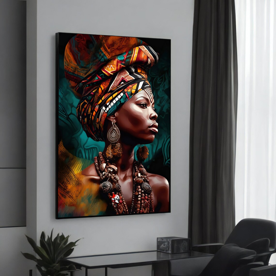 Regal African Woman Colorful Headwrap Beaded Jewelry Portrait Poster