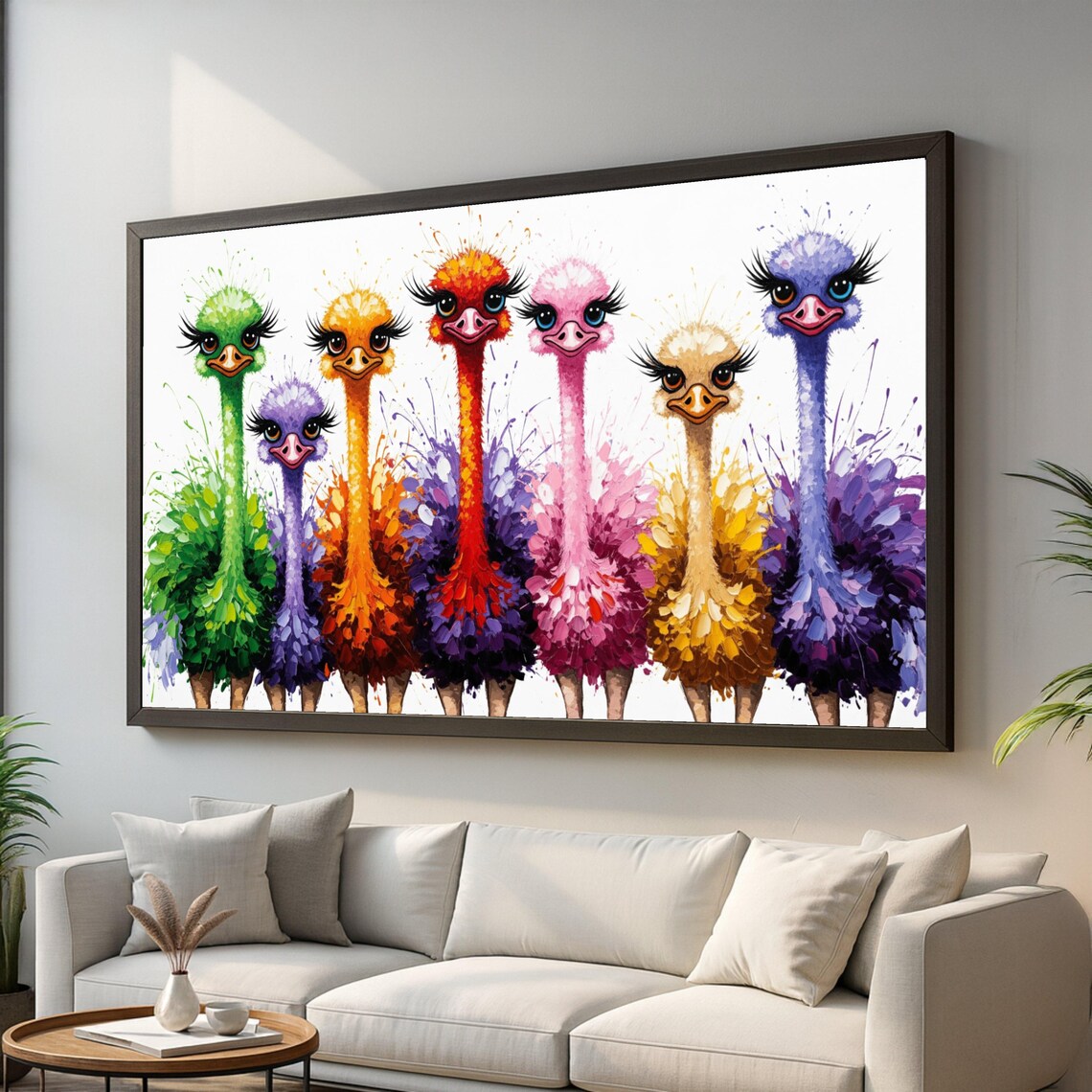 Colorful Ostrich Family Art Print, Whimsical Birds