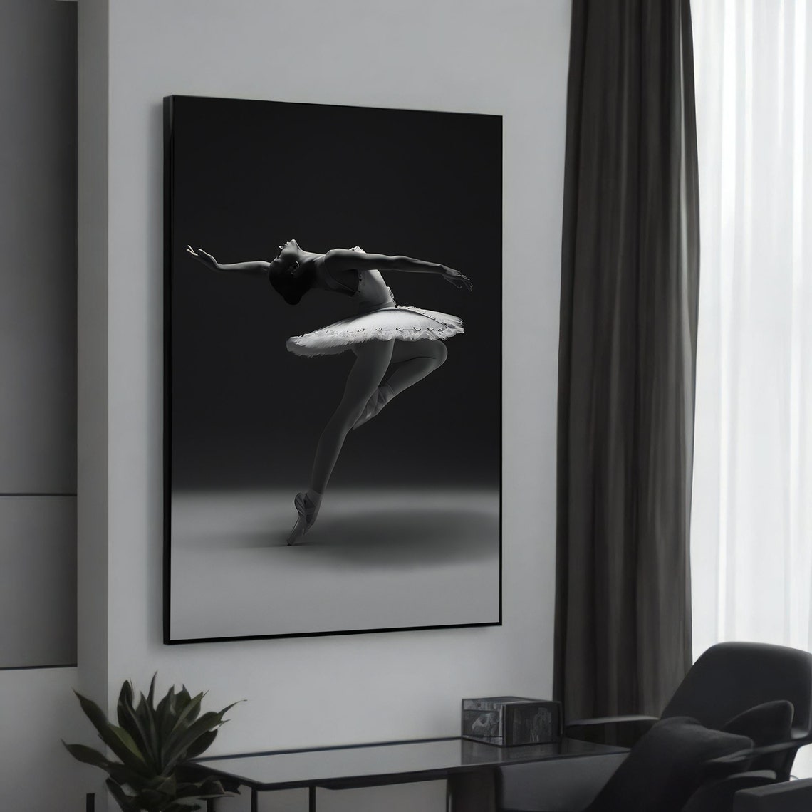 Black White Ballerina Arabesque Leap Dramatic Dance Photo Poster