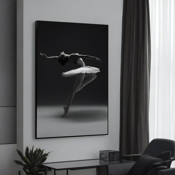 Black White Ballerina Arabesque Leap Dramatic Dance Photo Poster