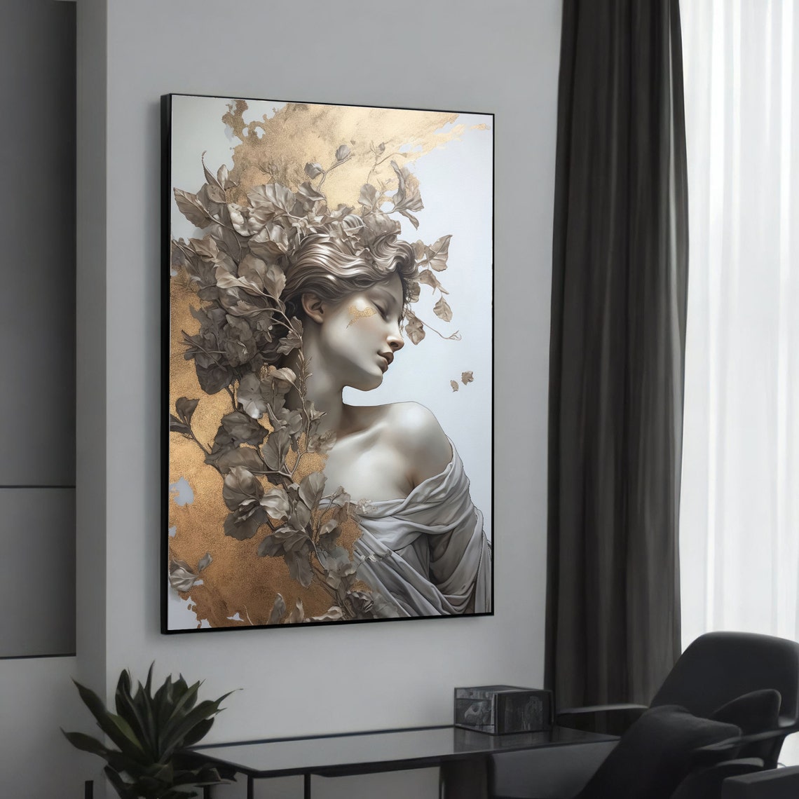Elegant Woman Profile Gold and Sepia Floral Modern Canvas Poster