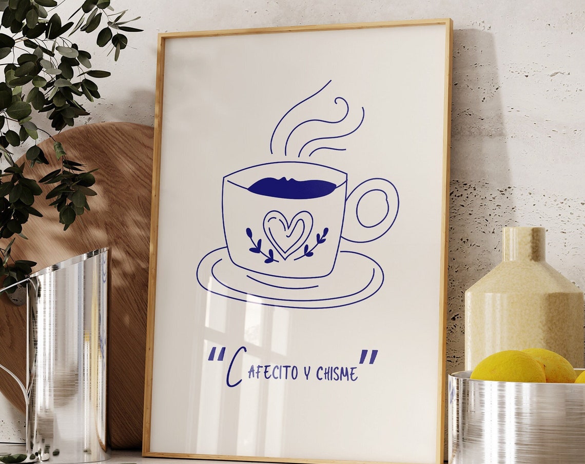 Cafecito Y Chisme Minimalist Blue Line Art Coffee Cup Poster