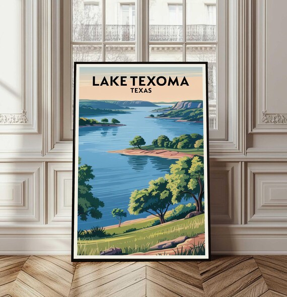 Lake Texoma Texas Retro Travel Poster Blue Lake Green Hills Art