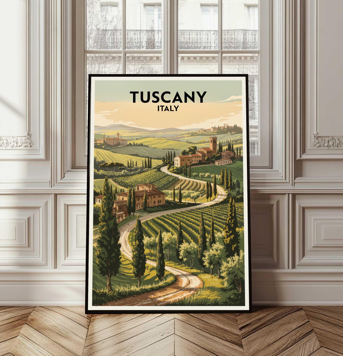 Tuscany Italy Vintage Travel Poster Cypress Hills Vineyard Road Scene