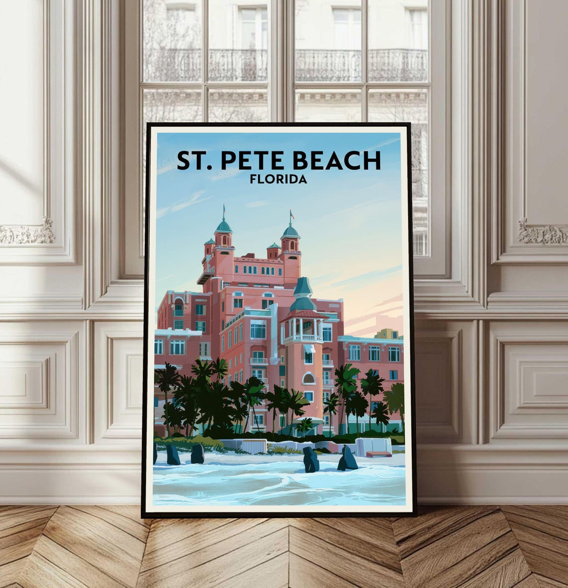 St. Pete Beach Florida Pink Hotel Beachfront Palm Trees Travel Poster
