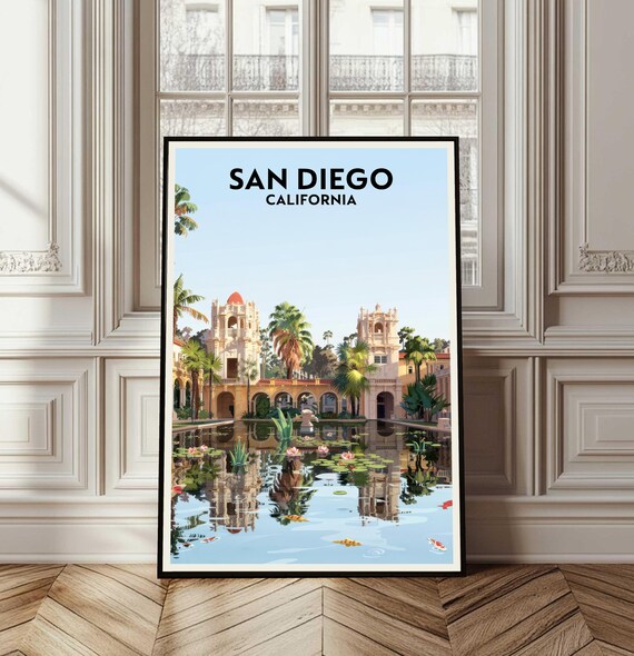 San Diego California Spanish Towers Lily Pond Koi Travel Poster