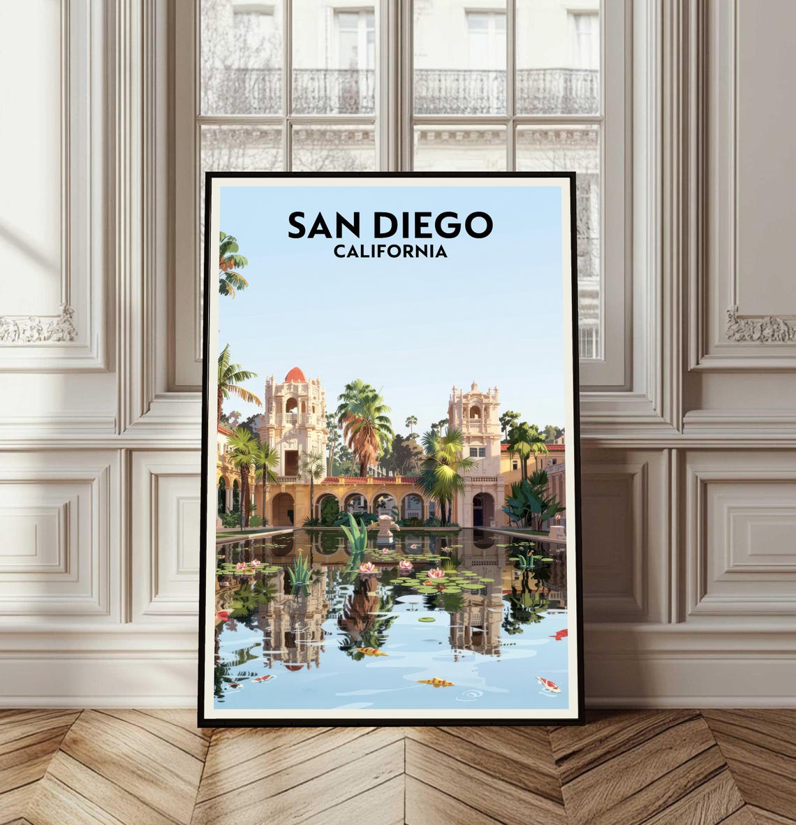 San Diego California Spanish Towers Lily Pond Koi Travel Poster