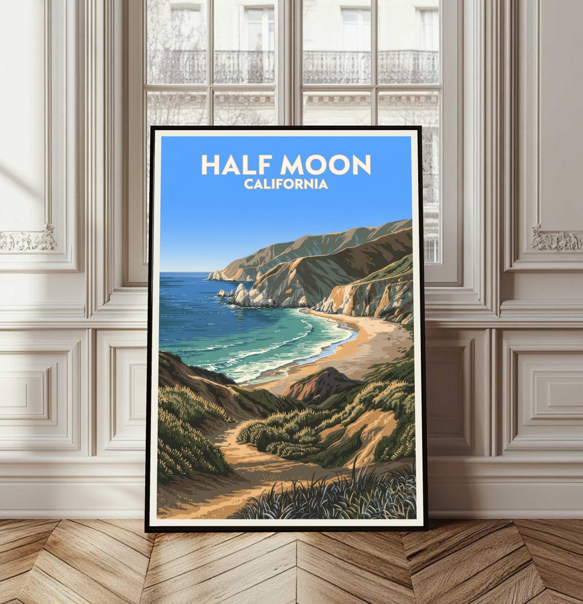 Half Moon California Coastal Cliffs and Sandy Beach Travel Poster