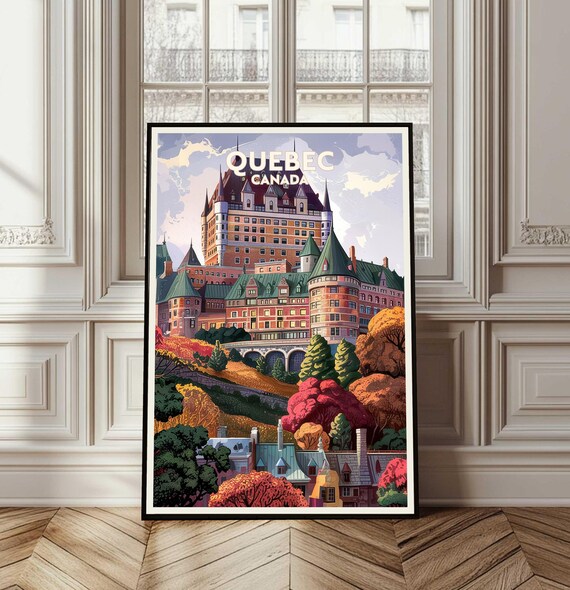 Quebec Canada Vintage Travel Poster Chateau Frontenac Autumn Illustration
