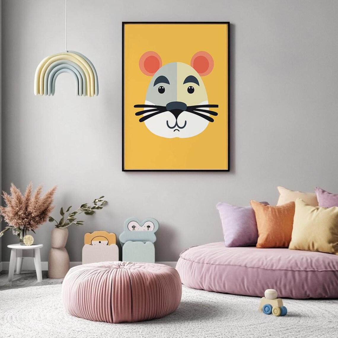Minimalist Mouse Face On Yellow Nursery Kids Room Animal Art Poster - Image 4