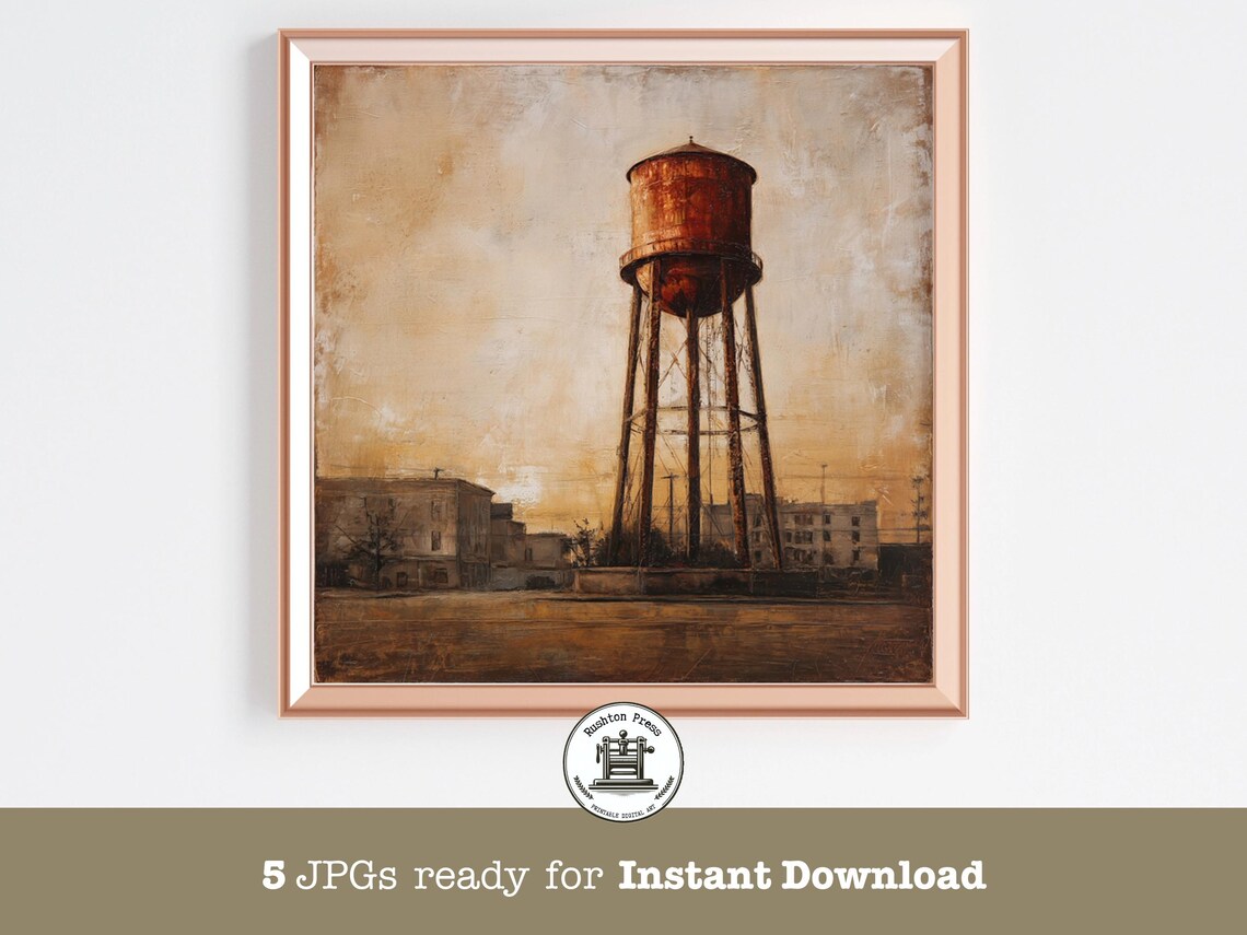 Moody Americana Water Tower Art Print, Rustic Industrial Landscape