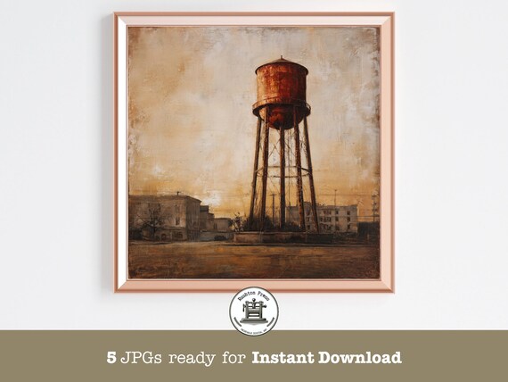 Moody Americana Water Tower Art Print, Rustic Industrial Landscape