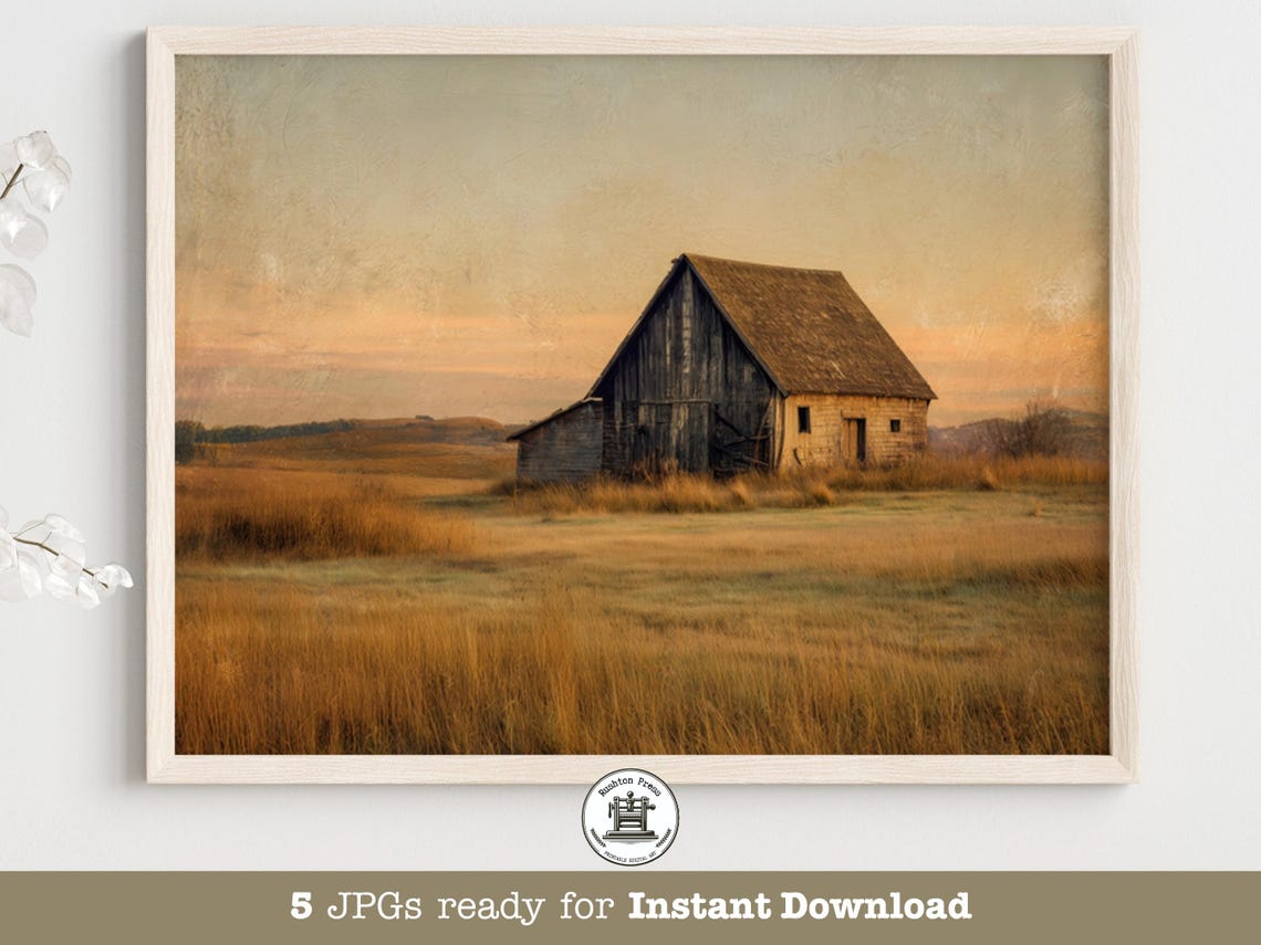 Rustic Barn Golden Wheat Field Sunset Vintage Americana Print