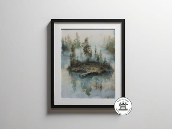 Misty Forest Island Wooden Dock Calm Lake Soft Watercolor Landscape Print