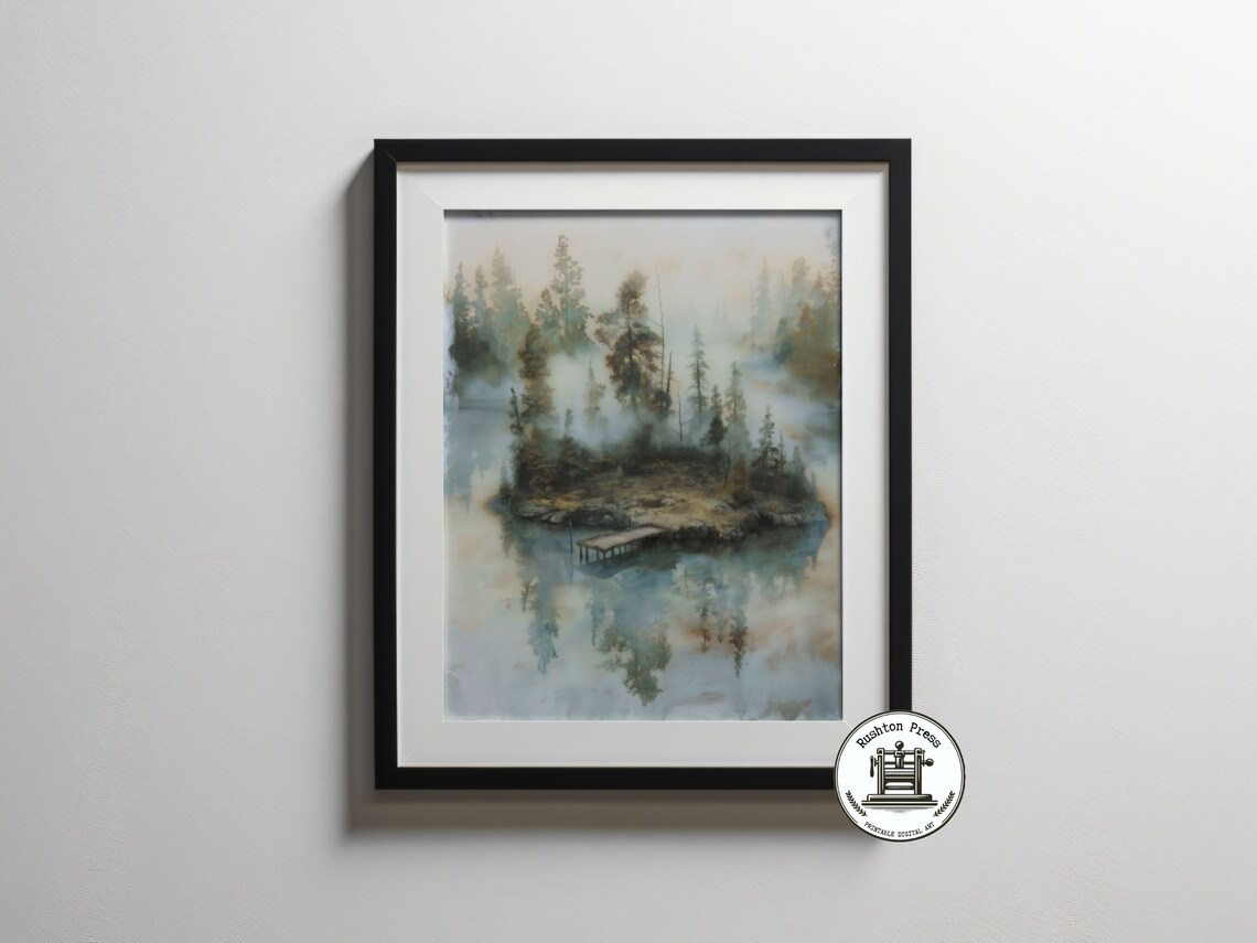 Misty Forest Island Wooden Dock Calm Lake Soft Watercolor Landscape Print