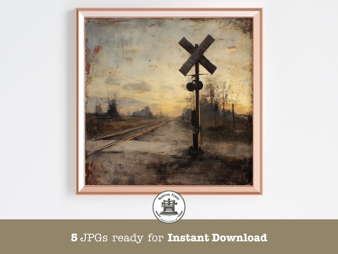 Railroad Crossing Sign At Sunset Rustic Vintage Painterly Print