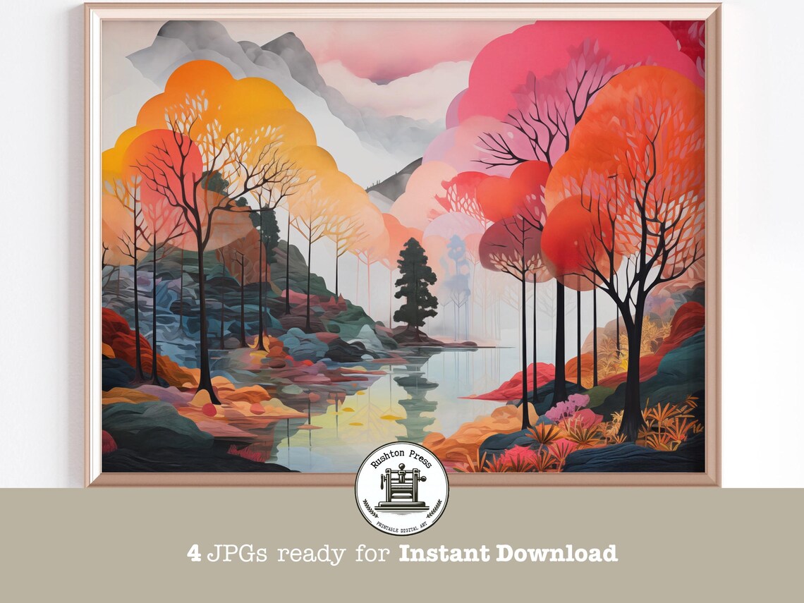Vibrant Autumn Forest Stream Painting Red Orange Foliage Nature Art Print