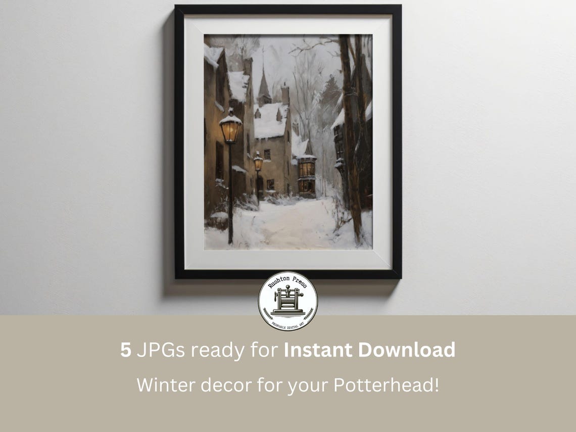 Snowy Village Street With Glowing Lamps Winter Painting Poster