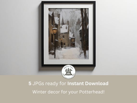 Snowy Village Street With Glowing Lamps Winter Painting Poster